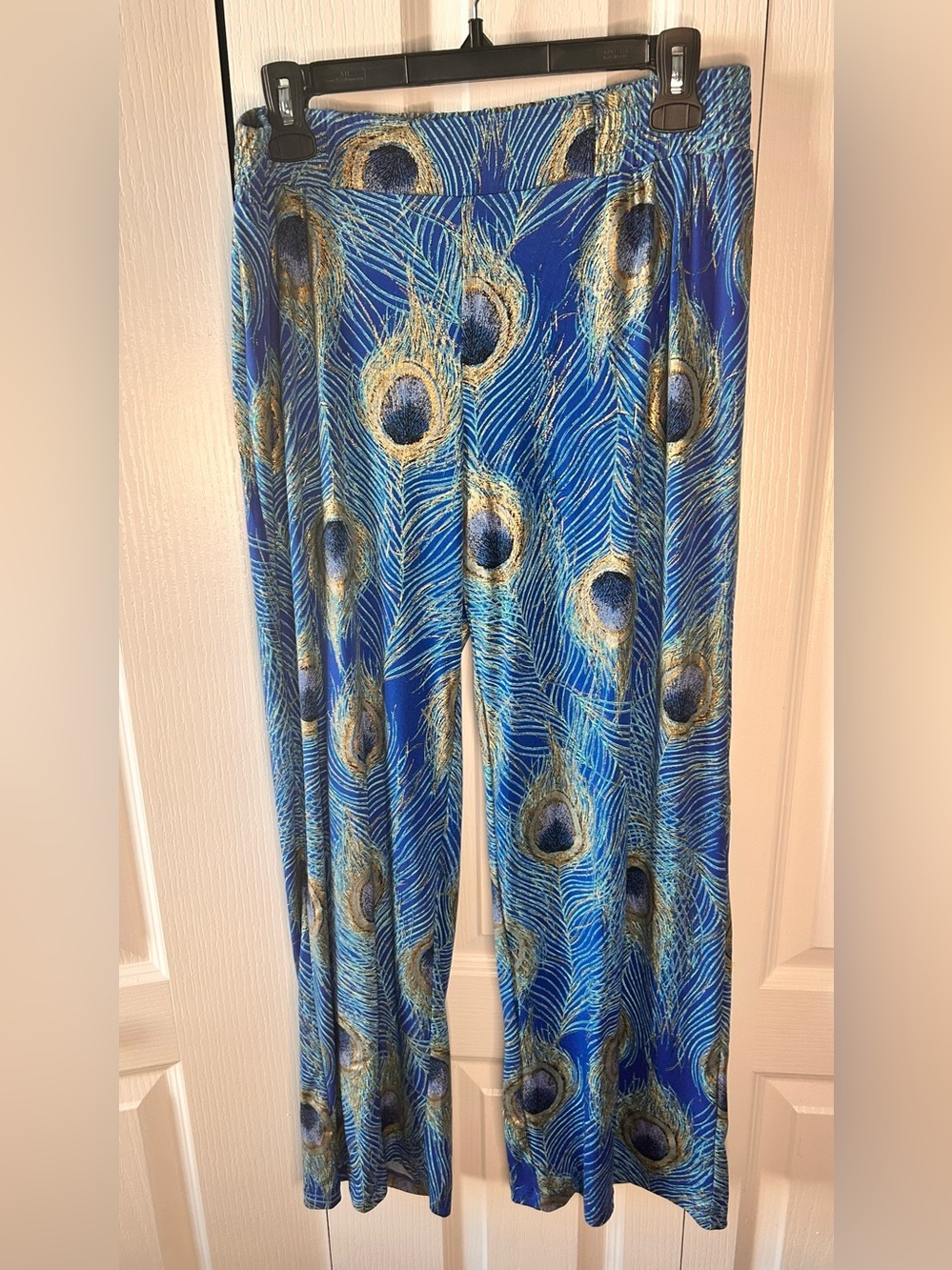 Iman Women’s Size MP Blue Gold Peacock Feather Print Palazzo Pull On Pants Y2K